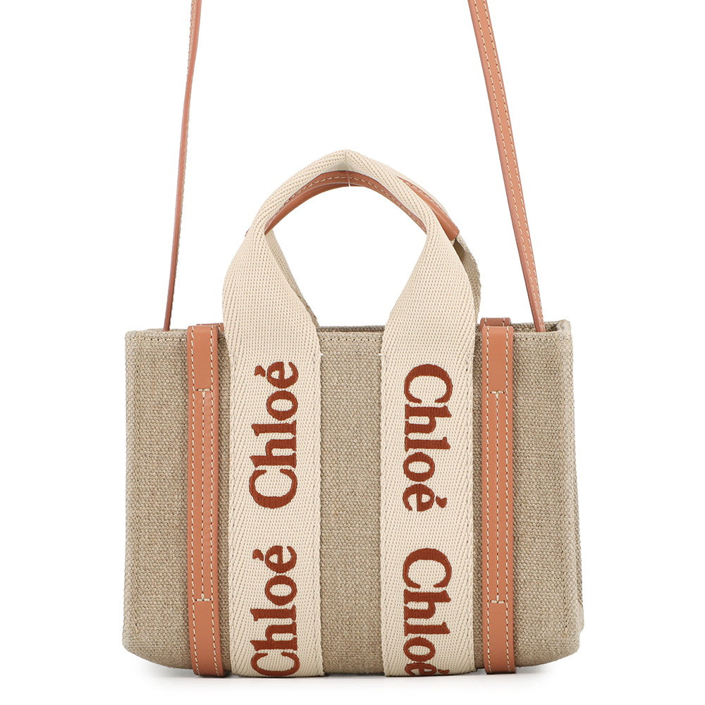 Chloe Woody Mini 2WAY Bag Woden OrangeCHC24UP237L17847 Canvas Shiny Calf Leather