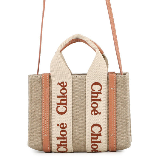 Chloe Woody Mini 2WAY Bag Woden OrangeCHC24UP237L17847 Canvas Shiny Calf Leather