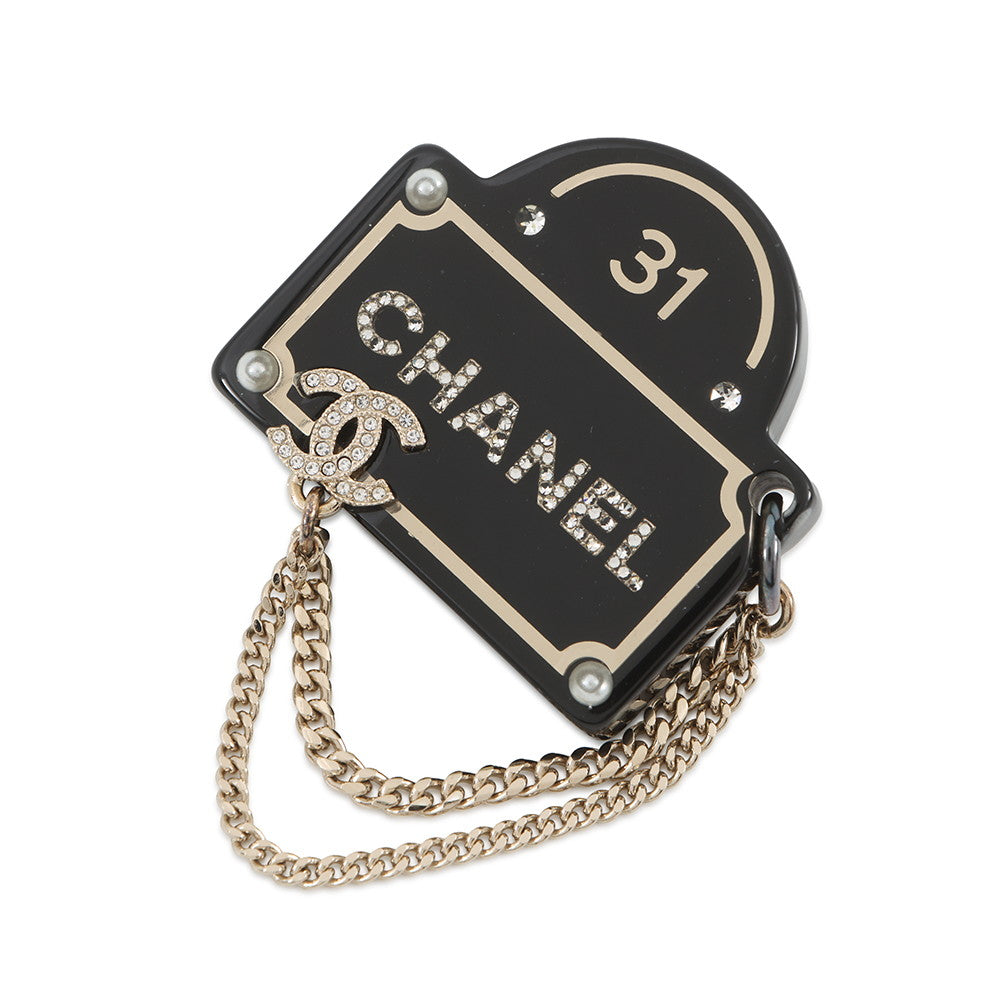 CHANEL Brooch Black/Gold Plastic Gold Plated Rhinestone Faux Pearl