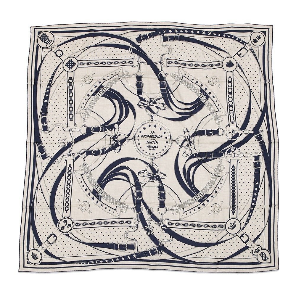 HERMES Giant Square, LA PROMENADE DU MATIN (Morning Walk) Size 140 Natural/Marine/Black Cashmere70% Silk30%
