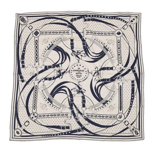 HERMES Giant Square, LA PROMENADE DU MATIN (Morning Walk) Size 140 Natural/Marine/Black Cashmere70% Silk30%
