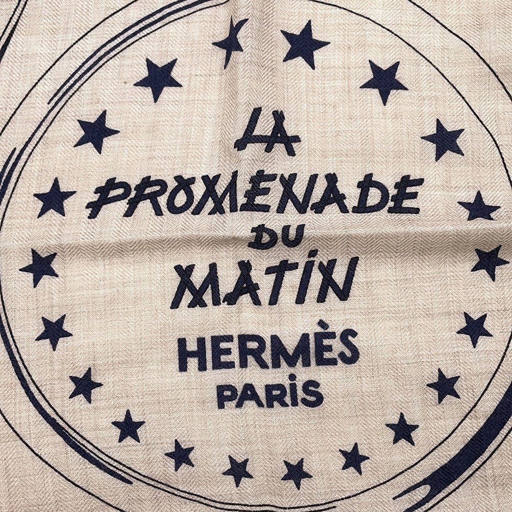 HERMES Giant Square, LA PROMENADE DU MATIN (Morning Walk) Size 140 Natural/Marine/Black Cashmere70% Silk30%
