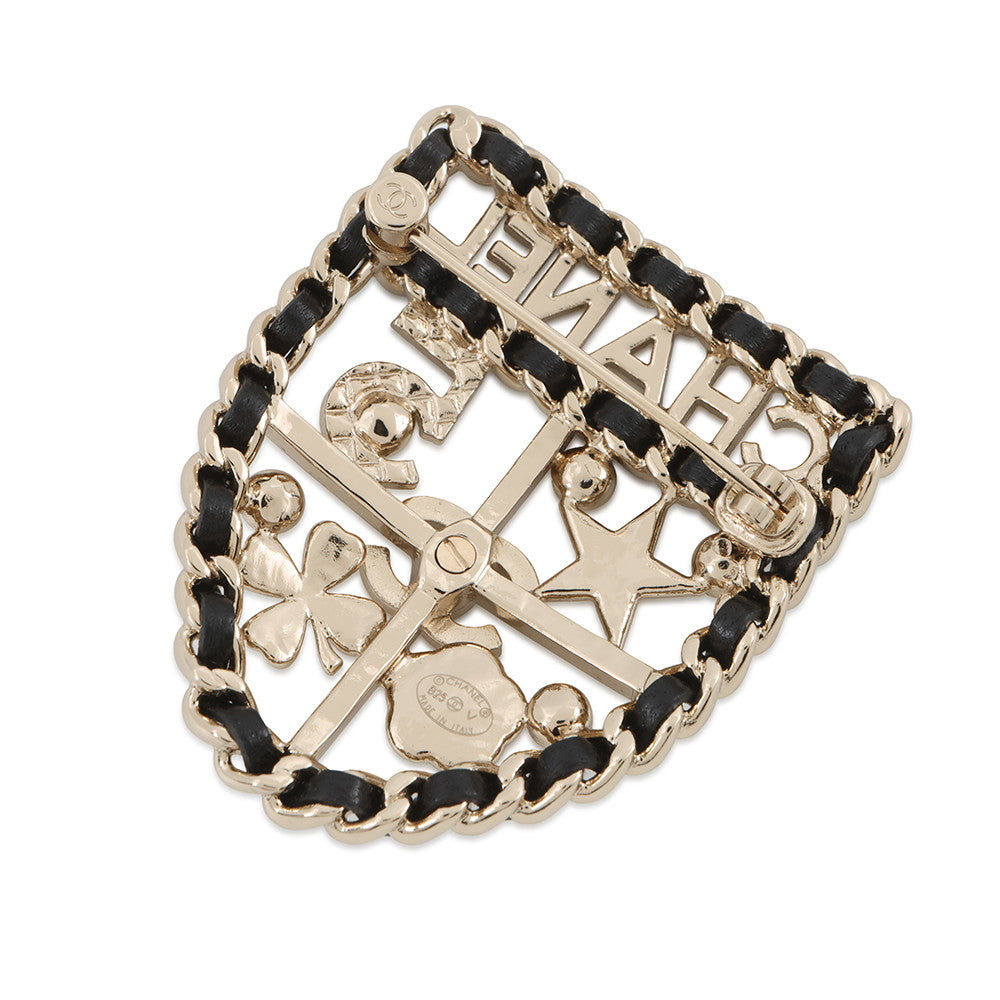 CHANEL Emblem Icon Brooch Silver/BlackAB4702 Metal Lambskin Faux Pearl Rhinestone