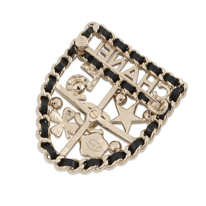 CHANEL Emblem Icon Brooch Silver/BlackAB4702 Metal Lambskin Faux Pearl Rhinestone