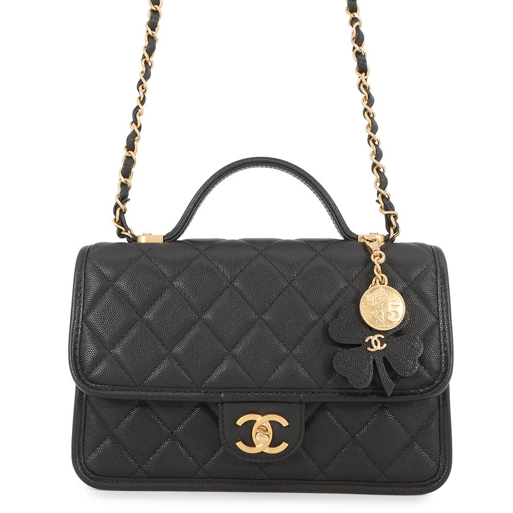 CHANEL Matelasse Top Handle Chain Shoulder Bag BlackAS3653 Caviar Leather Size Small