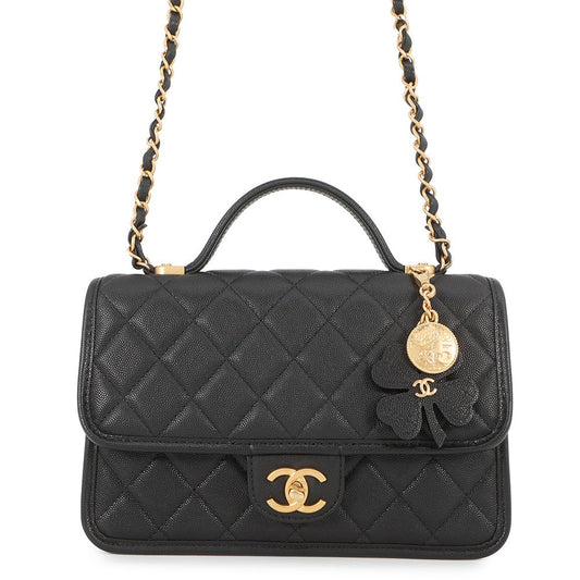 CHANEL Matelasse Top Handle Chain Shoulder Bag BlackAS3653 Caviar Leather Size Small