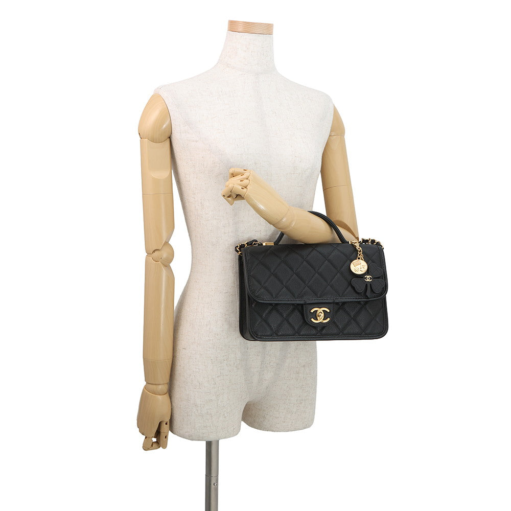 CHANEL Matelasse Top Handle Chain Shoulder Bag BlackAS3653 Caviar Leather Size Small