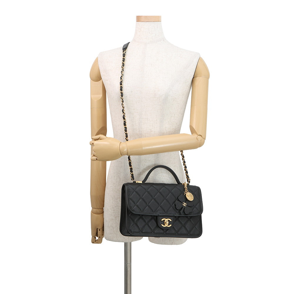 CHANEL Matelasse Top Handle Chain Shoulder Bag BlackAS3653 Caviar Leather Size Small