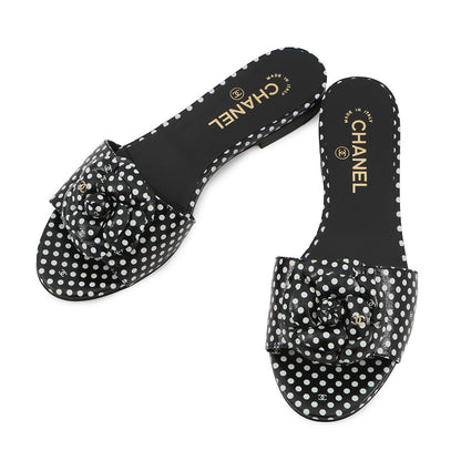 CHANEL Camellia Dot Mules Sandals Black/WhiteG45499 Lambskin Size 38