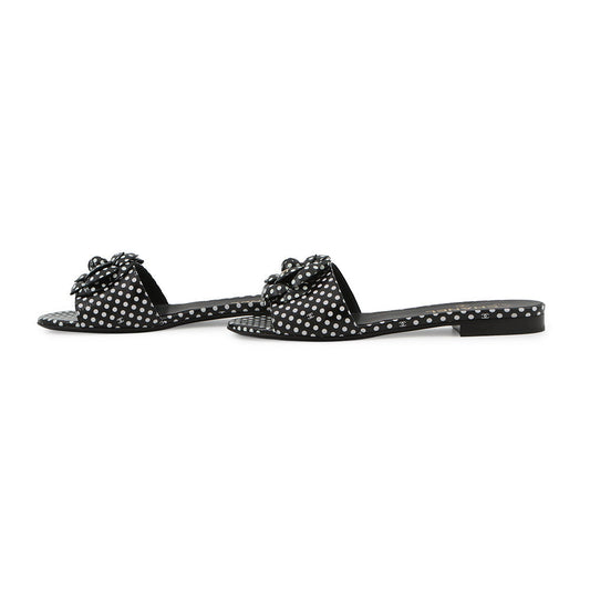 CHANEL Camellia Dot Mules Sandals Black/WhiteG45499 Lambskin Size 38