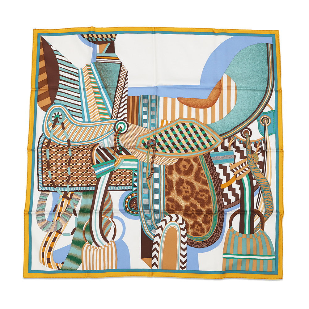 HERMES Carre Fancy saddle Size 90 Miel/Vert/Blanc003846S-04 Silk100%