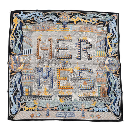 HERMES Carre SUPER SILK QUEST Size 90 Black/Blue/Beige Silk100%