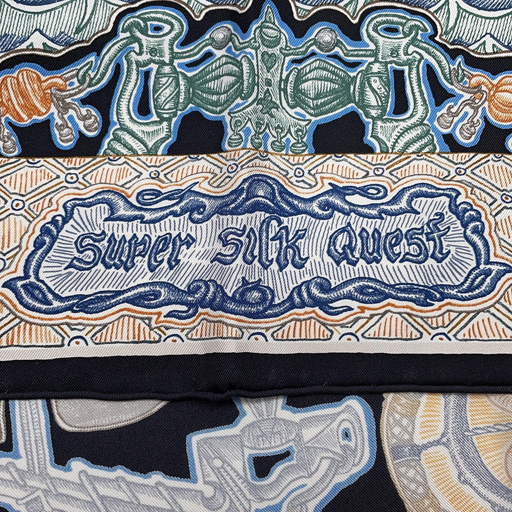HERMES Carre SUPER SILK QUEST Size 90 Black/Blue/Beige Silk100%