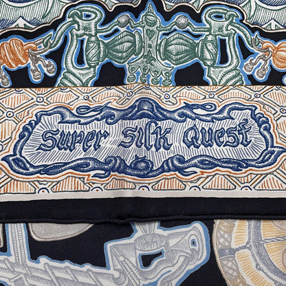 HERMES Carre SUPER SILK QUEST Size 90 Black/Blue/Beige Silk100%