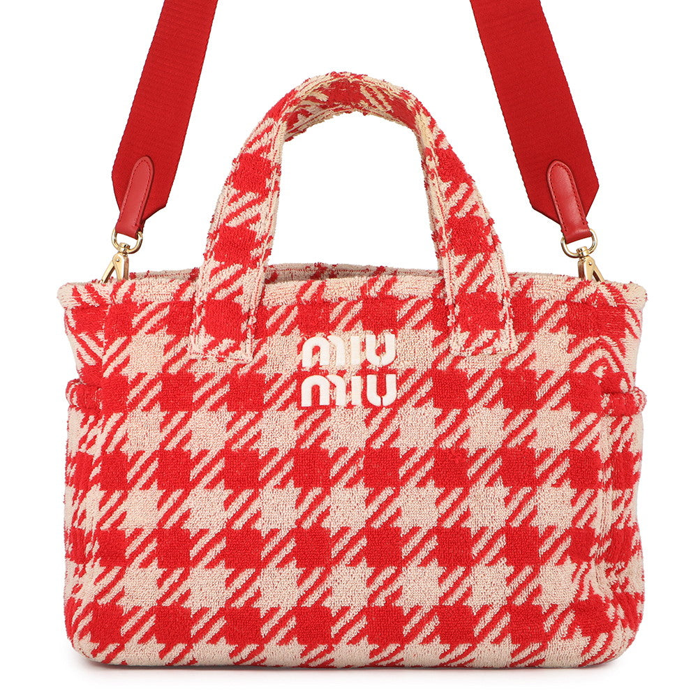 MIUMIU Terrycloth Check 2-Way Tote Bag Red5BG236 pile