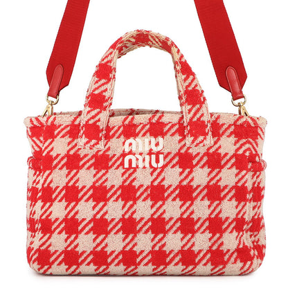 MIUMIU Terrycloth Check 2-Way Tote Bag Red5BG236 pile