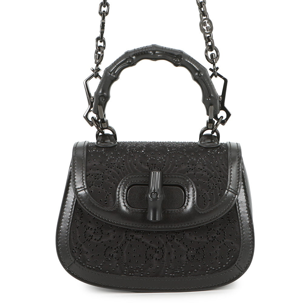 GUCCI Bamboo 1947 Handbag Black735116 Canvas Rhinestone Leather