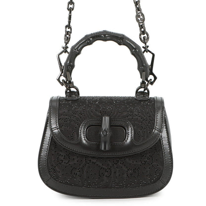 GUCCI Bamboo 1947 Handbag Black735116 Canvas Rhinestone Leather