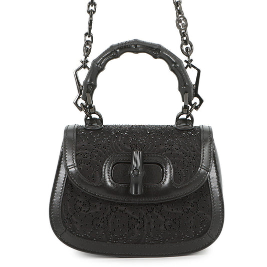 GUCCI Bamboo 1947 Handbag Black735116 Canvas Rhinestone Leather