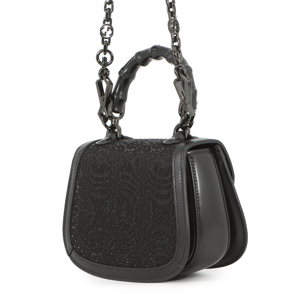 GUCCI Bamboo 1947 Handbag Black735116 Canvas Rhinestone Leather