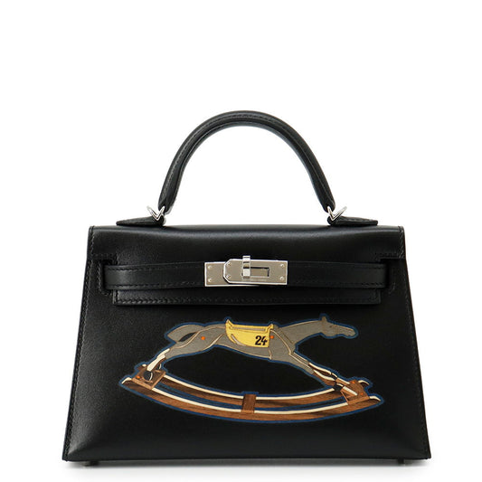 HERMES Mini Kelly 2 Cheval de Bois Black Tadelakt Leather