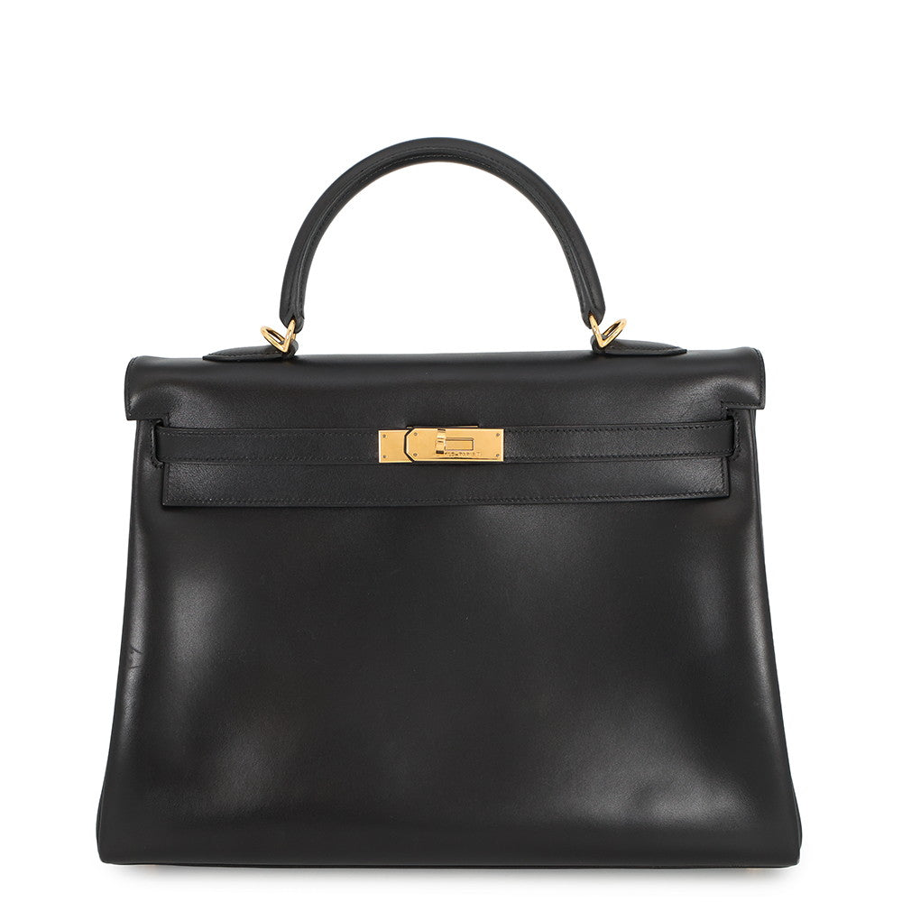 HERMES Kelly Retourne Black Box Calf Leather Size 35