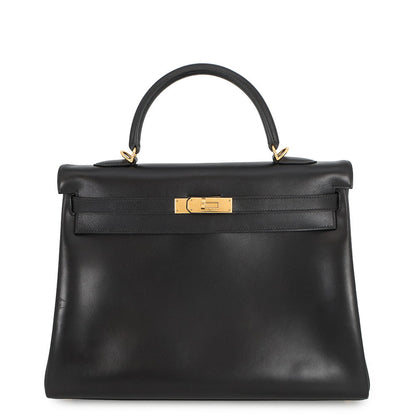 HERMES Kelly Retourne Black Box Calf Leather Size 35