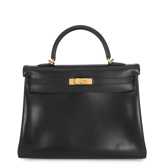 HERMES Kelly Retourne Black Box Calf Leather Size 35