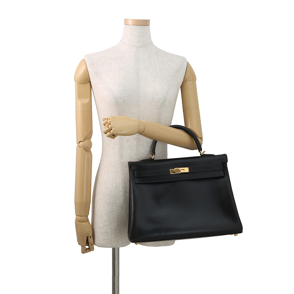 HERMES Kelly Retourne Black Box Calf Leather Size 35