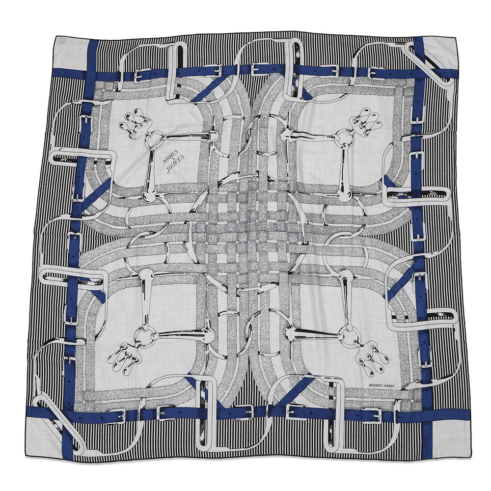 HERMES Giant Square MORS JOUETS Size 140 Gray/Black/Blue Silk Cashmere