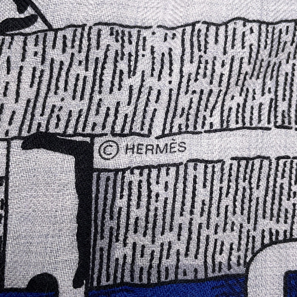 HERMES Giant Square MORS JOUETS Size 140 Gray/Black/Blue Silk Cashmere
