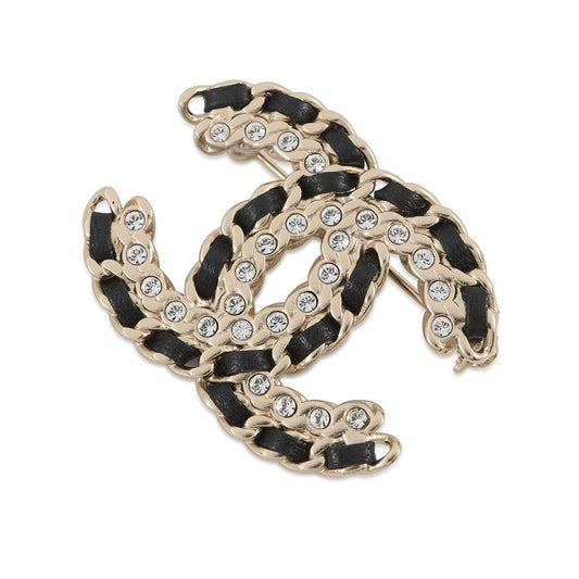 CHANEL CC Logo BroochAB2971-B01952-N5746 Metal Leather Rhinestone