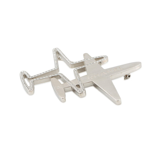 CHANEL Airplane motif Brooch Silver Metal Rhinestone