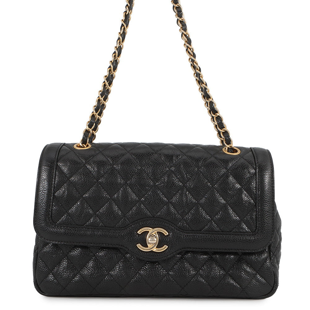 CHANEL Matelasse Single Flap W Chain Shoulder Bag Black Soft Caviar Leather