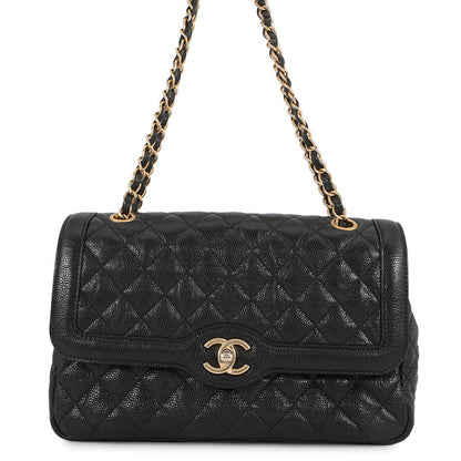 CHANEL Matelasse Single Flap W Chain Shoulder Bag Black Soft Caviar Leather