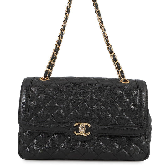 CHANEL Matelasse Single Flap W Chain Shoulder Bag Black Soft Caviar Leather