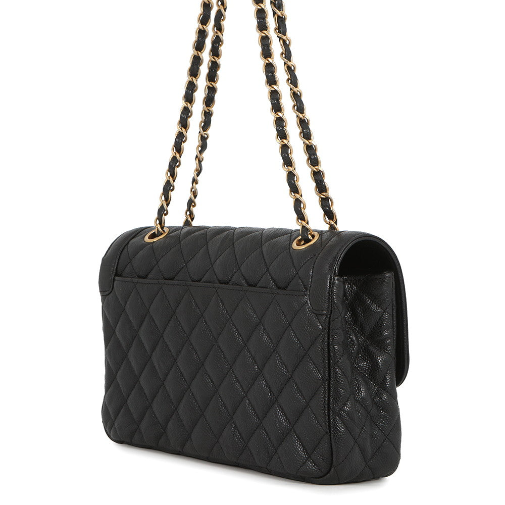 CHANEL Matelasse Single Flap W Chain Shoulder Bag Black Soft Caviar Leather