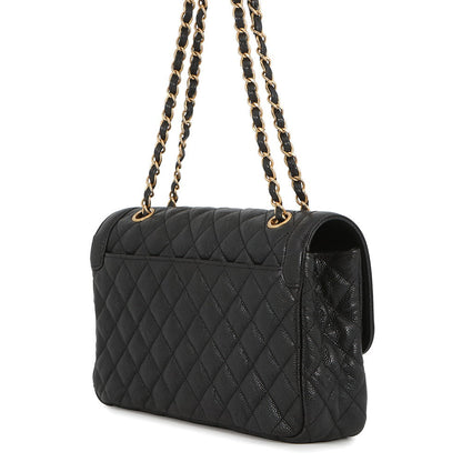 CHANEL Matelasse Single Flap W Chain Shoulder Bag Black Soft Caviar Leather