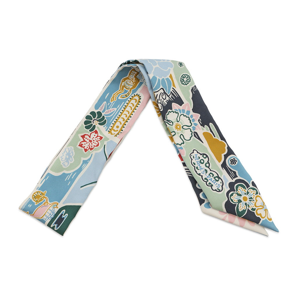 HERMES Twilly Bingata Bingata Blue Ciel/Vert/Rose Pale Silk100%