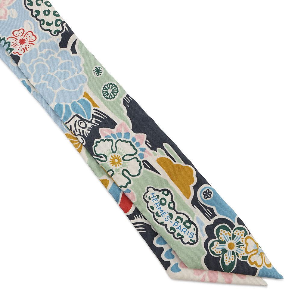 HERMES Twilly Bingata Bingata Blue Ciel/Vert/Rose Pale Silk100%