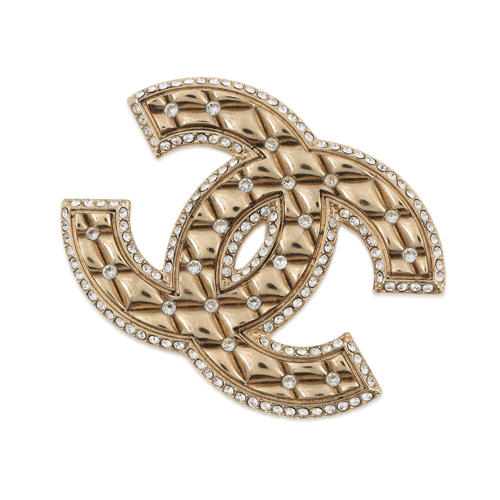 CHANEL Rhinestone CC Logo Brooch Champagne Gold Metal Rhinestone