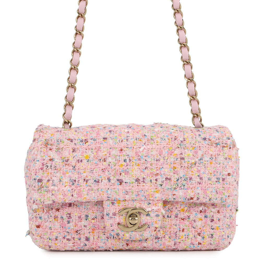 CHANEL Mini Matelasse ChainShoulder Bag PinkA69900 Tweed Sequins Size 20