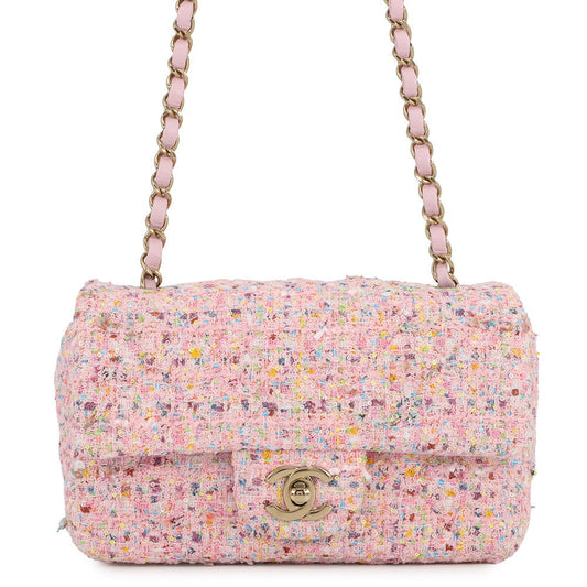 CHANEL Mini Matelasse ChainShoulder Bag PinkA69900 Tweed Sequins Size 20