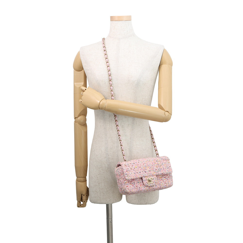 CHANEL Mini Matelasse ChainShoulder Bag PinkA69900 Tweed Sequins Size 20
