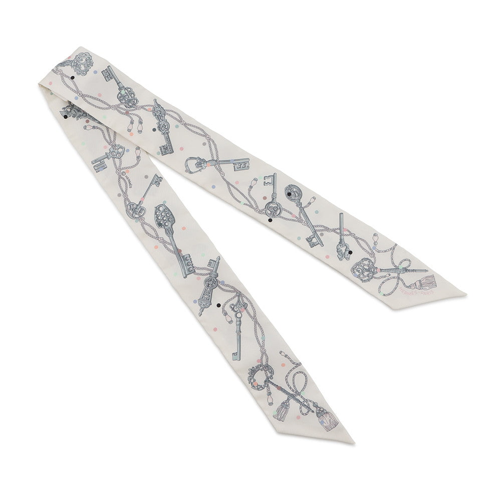 HERMES HERMES Scarf Twilly Les Cles a Pois HERMES Silk Twill Spring/Summer 2022 Blanc/Gris Acier/Multicolor Silk100%