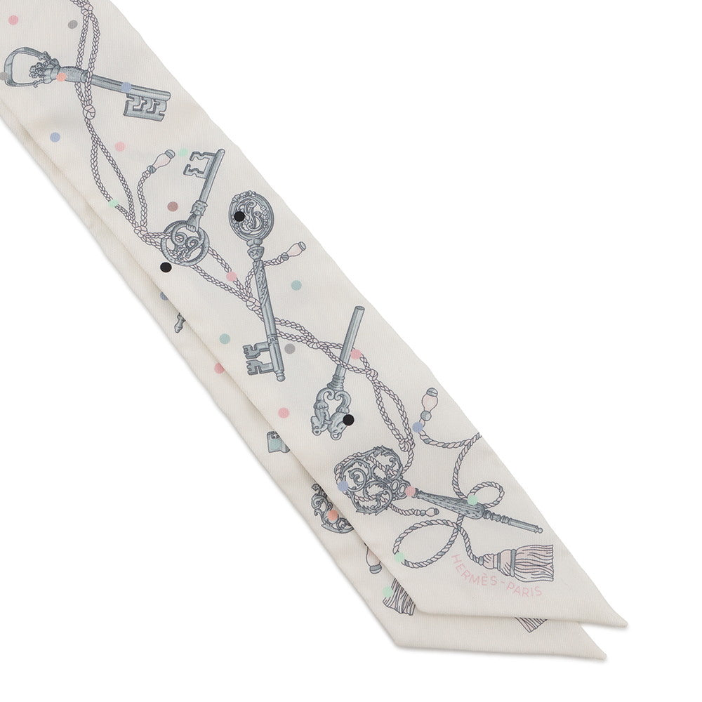 HERMES HERMES Scarf Twilly Les Cles a Pois HERMES Silk Twill Spring/Summer 2022 Blanc/Gris Acier/Multicolor Silk100%