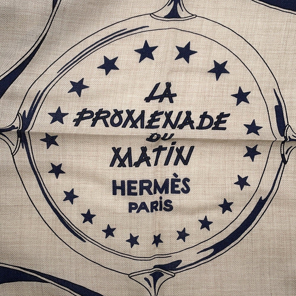 HERMES Giant Square morning walk Size 140 Natural/Marine/Black Cashmere70& Silk30%
