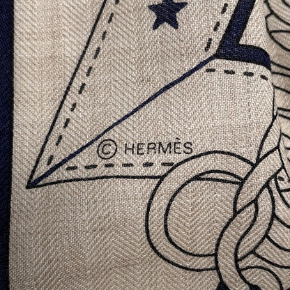HERMES Giant Square morning walk Size 140 Natural/Marine/Black Cashmere70& Silk30%