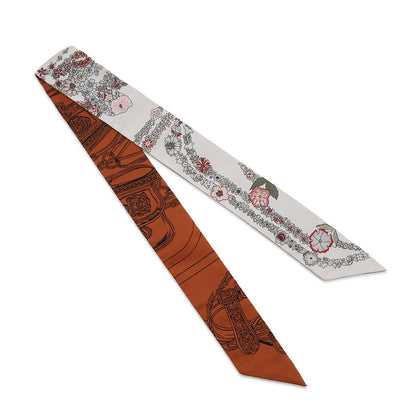 HERMES Twilly Brides de Gala en Fleurs & Eyeliner Spring/Summer 2025 White/Gray/Cuir Silk100%