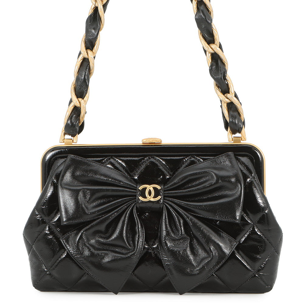 CHANEL Ribbon Chain Clutch Bag BlackAP4029 Patent Leather